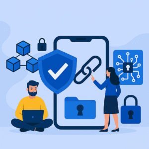 Illustration of blockchain improving data security in mobile app development, featuring shield, padlocks, and secure connection icons