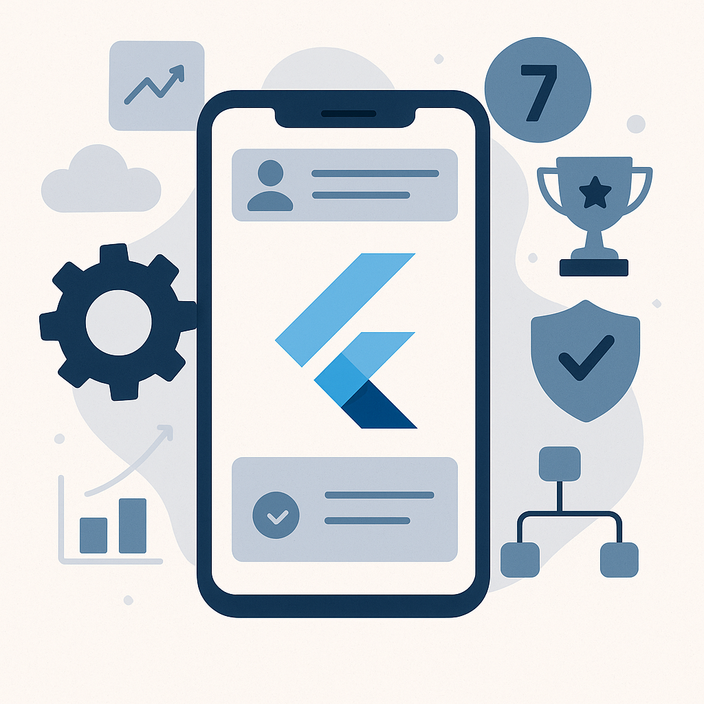 Sleek smartphone displaying Flutter logo surrounded by icons representing app development benefits like performance, scalability, and security