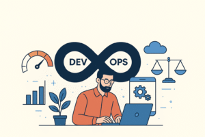 DevOps engineer working on a laptop with icons representing speed, stability, and scale