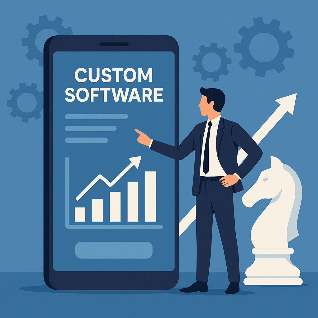 Businessman analyzing custom software on smartphone screen with growth charts and chess knight symbolizing strategic advantage