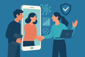 Illustration of people building brand trust through transparent technology practices with modern interface elements