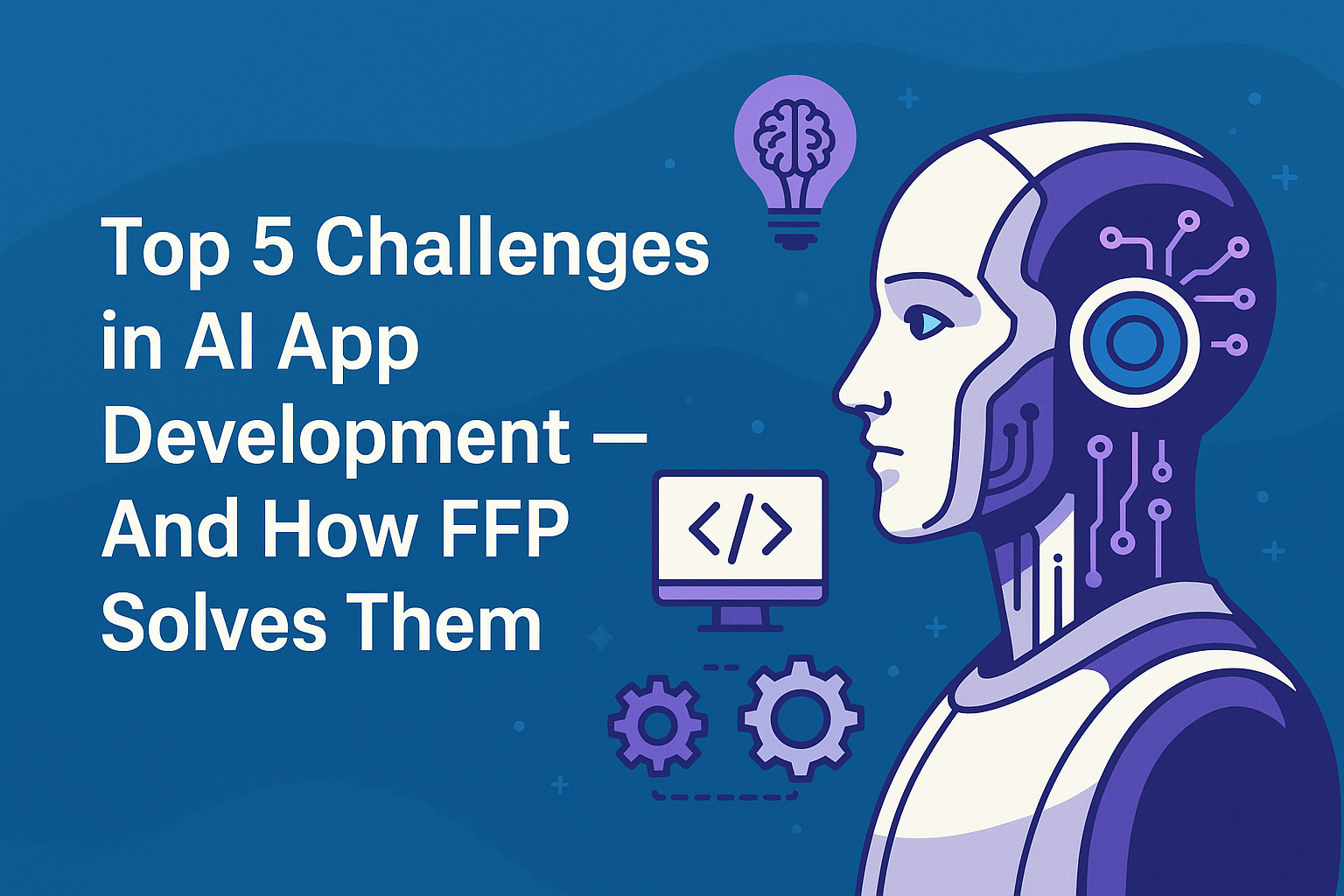 Illustration of a futuristic robot with AI icons, representing top challenges in AI app development and FFP’s solutions
