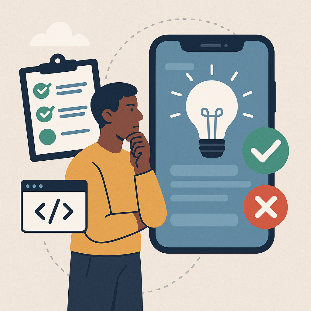 Person evaluating a mobile app idea with checklist and smartphone interface, no code involved