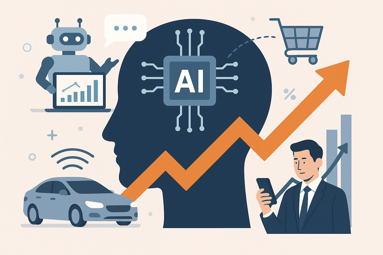 Illustration showing AI technology boosting business revenue through real-world applications like automation, e-commerce, and data analysis