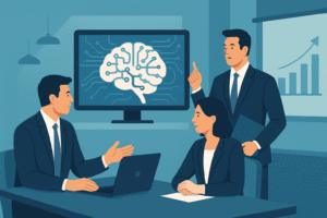 Executives discussing AI investment strategy in a modern office setting