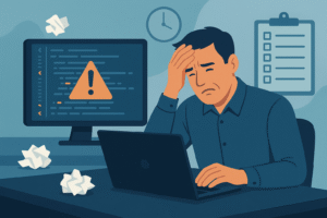 Frustrated developer facing coding issues during custom software development