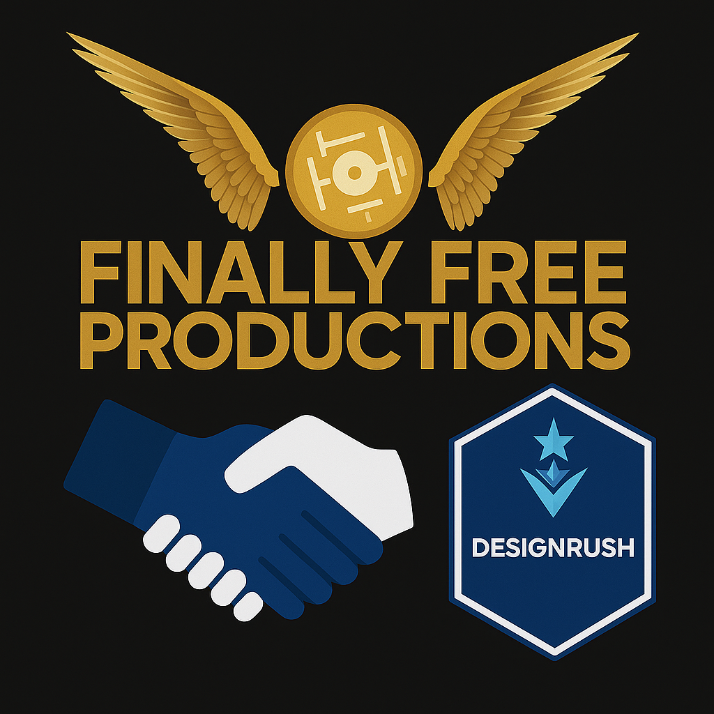 Finally Free Productions and DesignRush partnership handshake with logos