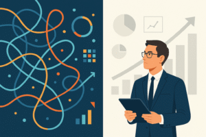 Modern illustration showing transition from chaotic data to clear decision-making with custom AI