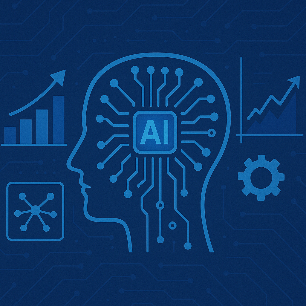 AI concept illustration with human head and digital circuit elements on a tech-blue background