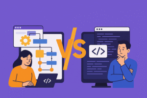 Illustration comparing no-code low-code development with custom coding