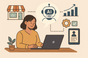Illustration of a small business owner using AI-powered custom software for operations