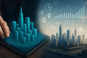 3D digital city model on a tablet with futuristic smart infrastructure overlay and real urban skyline