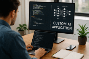 Developer building a custom AI application on a laptop and external monitor in a modern workspace