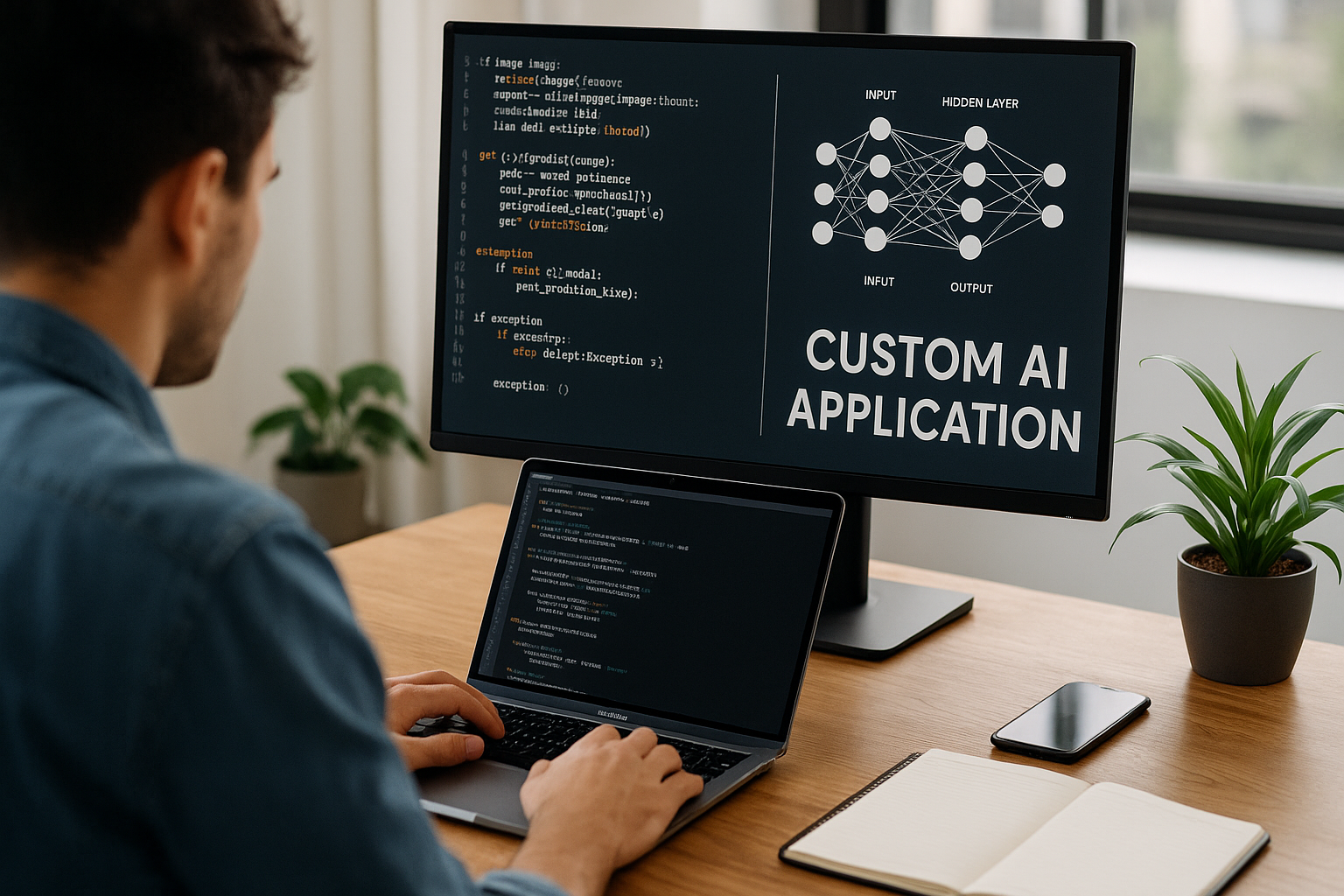 Developer building a custom AI application on a laptop and external monitor in a modern workspace