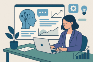 Business professional developing custom AI solutions on a computer screen with charts and AI concept graphics, modern illustration for SMEs