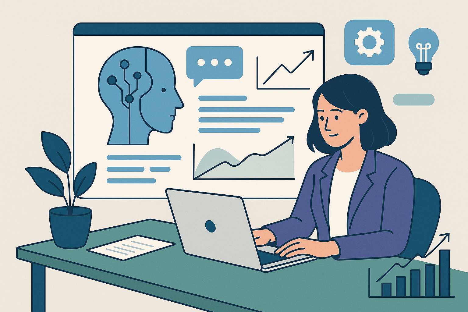 Business professional developing custom AI solutions on a computer screen with charts and AI concept graphics, modern illustration for SMEs