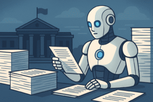 AI-powered document processing robot analyzing government paperwork in a modern office setting