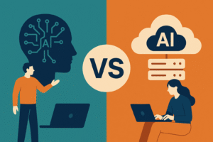 Illustration comparing Custom AI and SaaS AI with a human brain circuit on one side and cloud server on the other