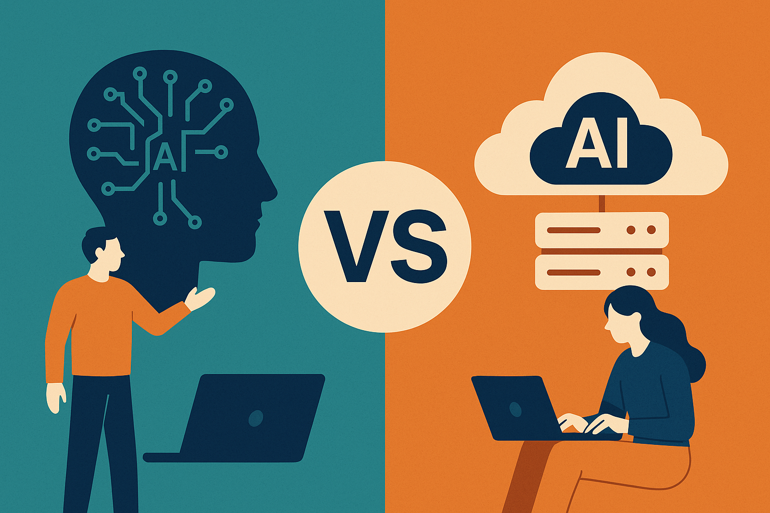 Illustration comparing Custom AI and SaaS AI with a human brain circuit on one side and cloud server on the other