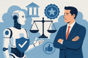 Illustration of ethical AI concept showing robot and businessman with balance scale, compliance, and reputation symbols