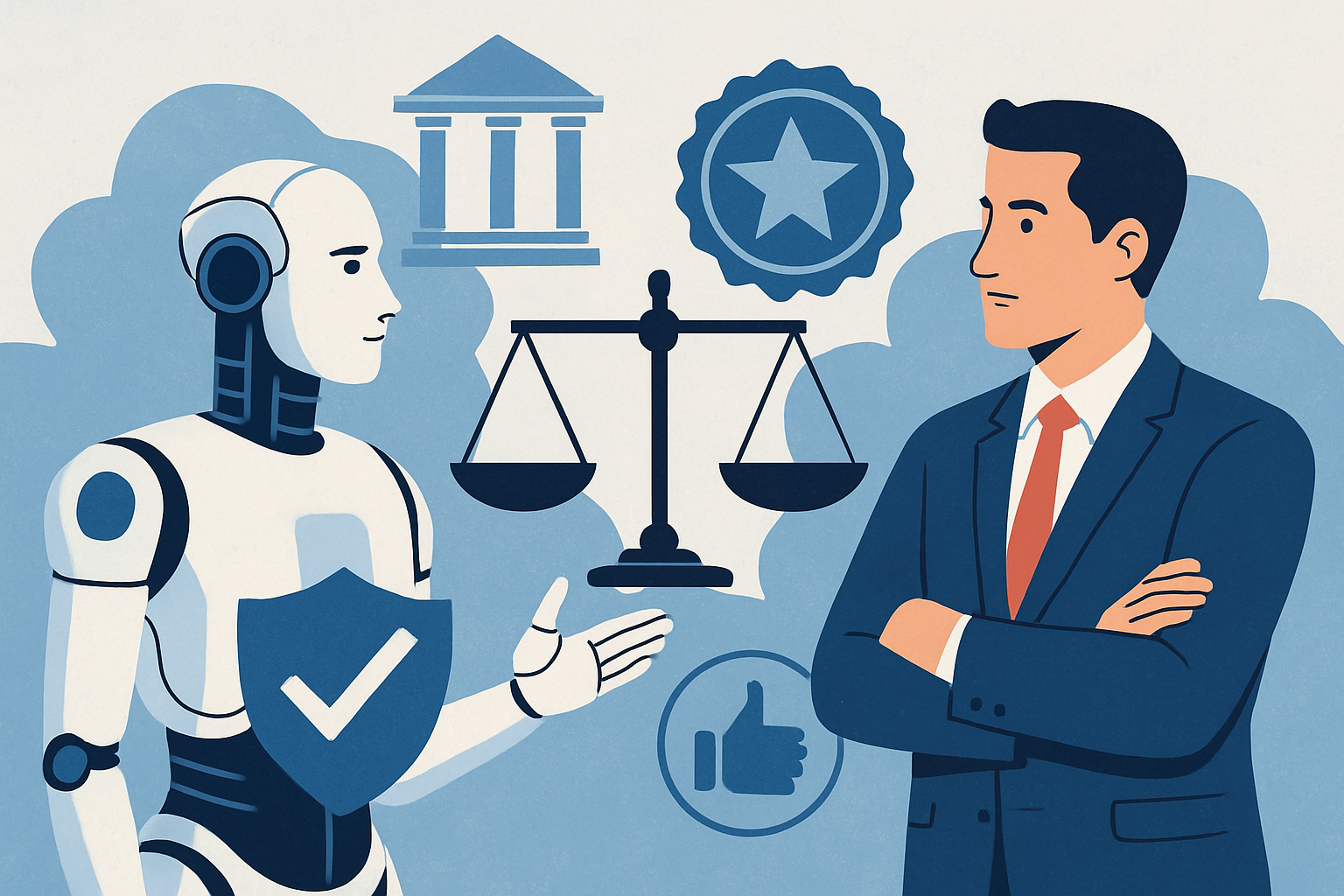 Illustration of ethical AI concept showing robot and businessman with balance scale, compliance, and reputation symbols