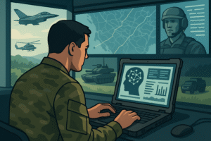 Military officer using AI-powered laptop in a defense command center with aircraft, tank, and mission map displays