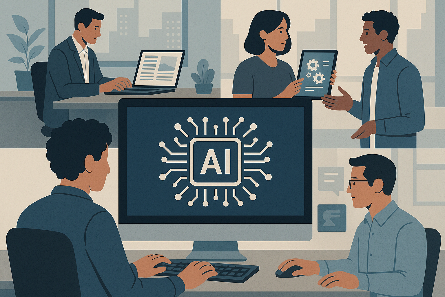 Professionals using AI-powered custom apps on laptops, tablets, and desktops in real-world business settings