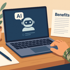 Illustrated veteran using AI on laptop to access benefits, with military uniform, benefits form, and digital assistant interface