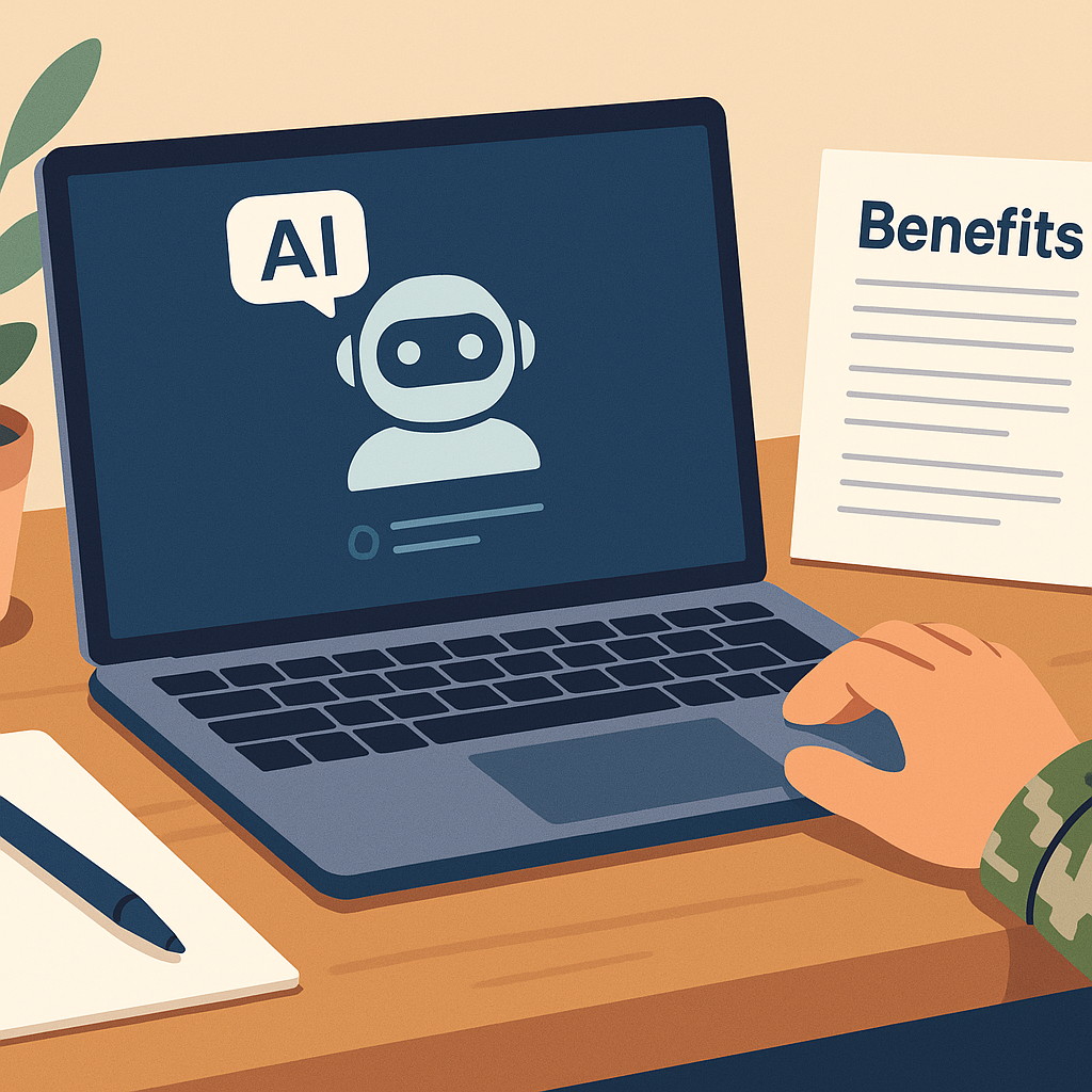 Illustrated veteran using AI on laptop to access benefits, with military uniform, benefits form, and digital assistant interface