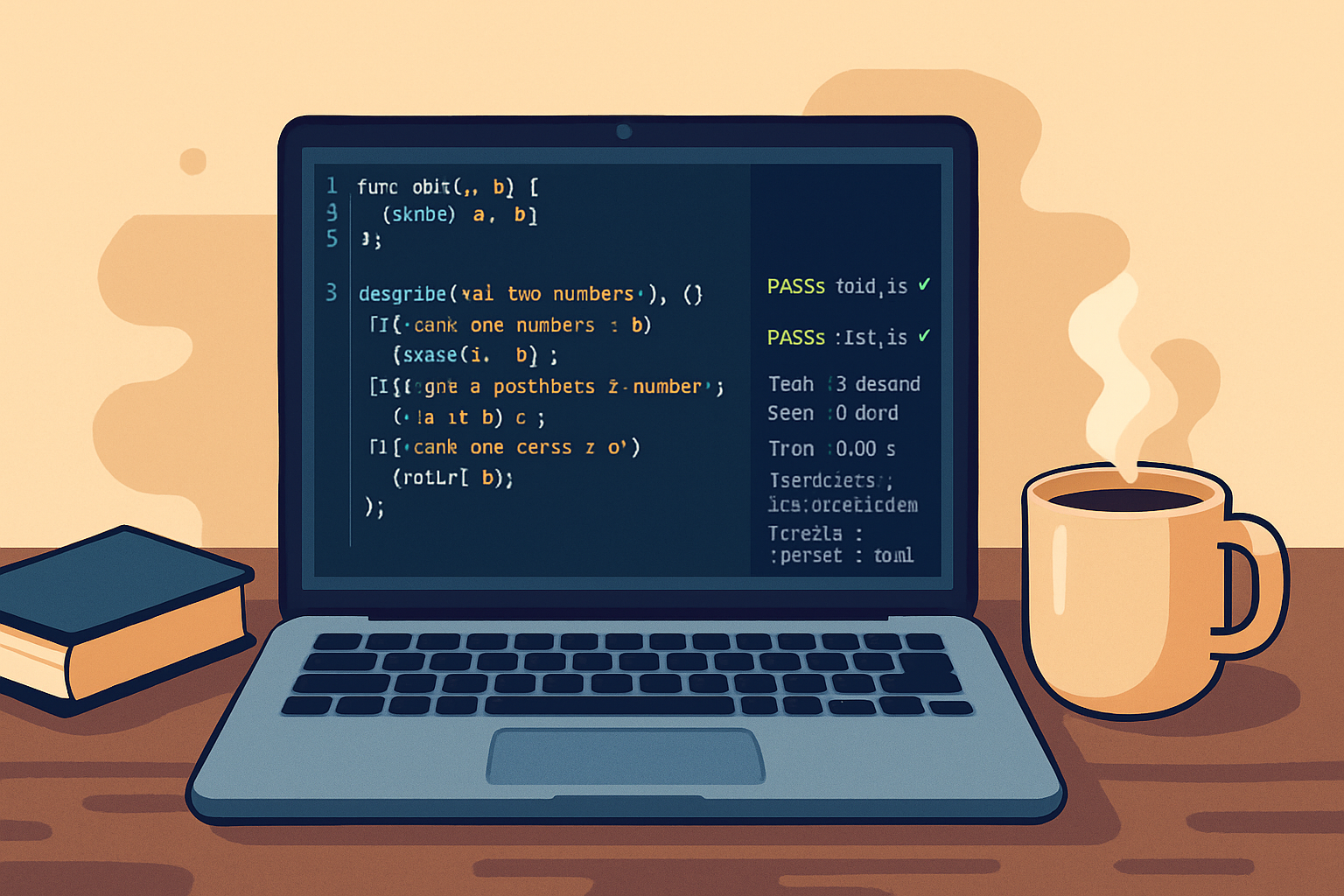 Vector illustration of laptop displaying JavaScript code and test results with coffee and book on desk