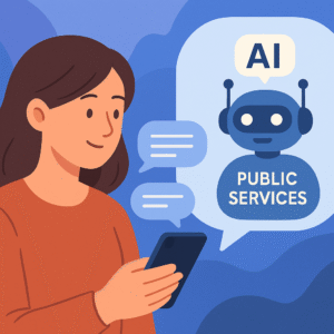 Flat illustration of woman using smartphone to interact with AI chatbot for public services