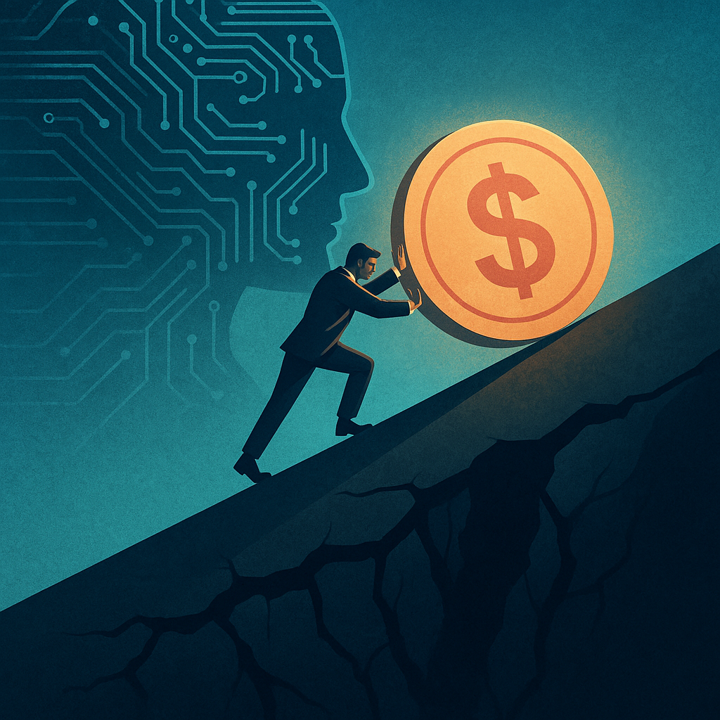 Businessman pushing dollar coin uphill on cracked path, symbolizing hidden costs of AI implementation