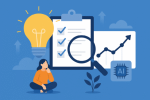 AI use case validation concept with lightbulb idea, checklist, magnifying glass, and AI chip illustration
