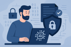 Modern illustration of developer working on secure AI app with padlock and shield icons