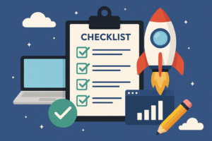 Pre-launch checklist illustration with rocket, laptop, and growth chart for SaaS products