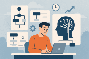 Illustration of AI-powered workflows automation concept with professional at laptop and flowcharts