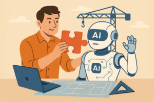 Man collaborating with AI robot using puzzle piece, symbolizing building artificial intelligence