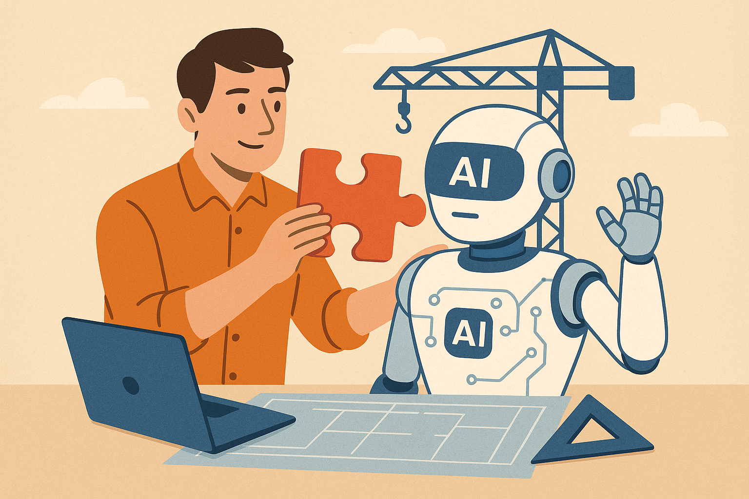 Man collaborating with AI robot using puzzle piece, symbolizing building artificial intelligence
