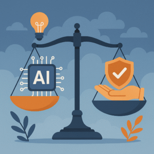 Ethical AI represented by balanced scales showing innovation and responsibility