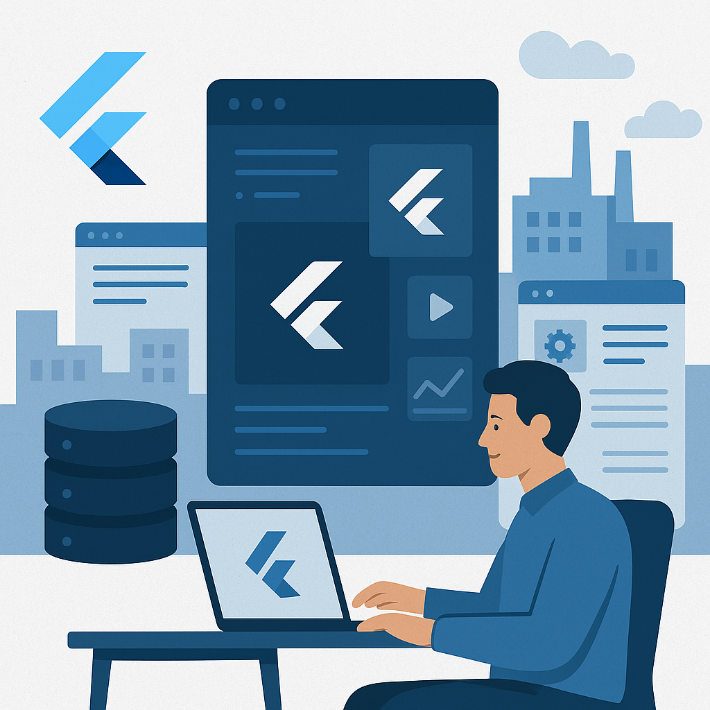 Developer building enterprise-scale mobile apps using Flutter framework on multiple platforms