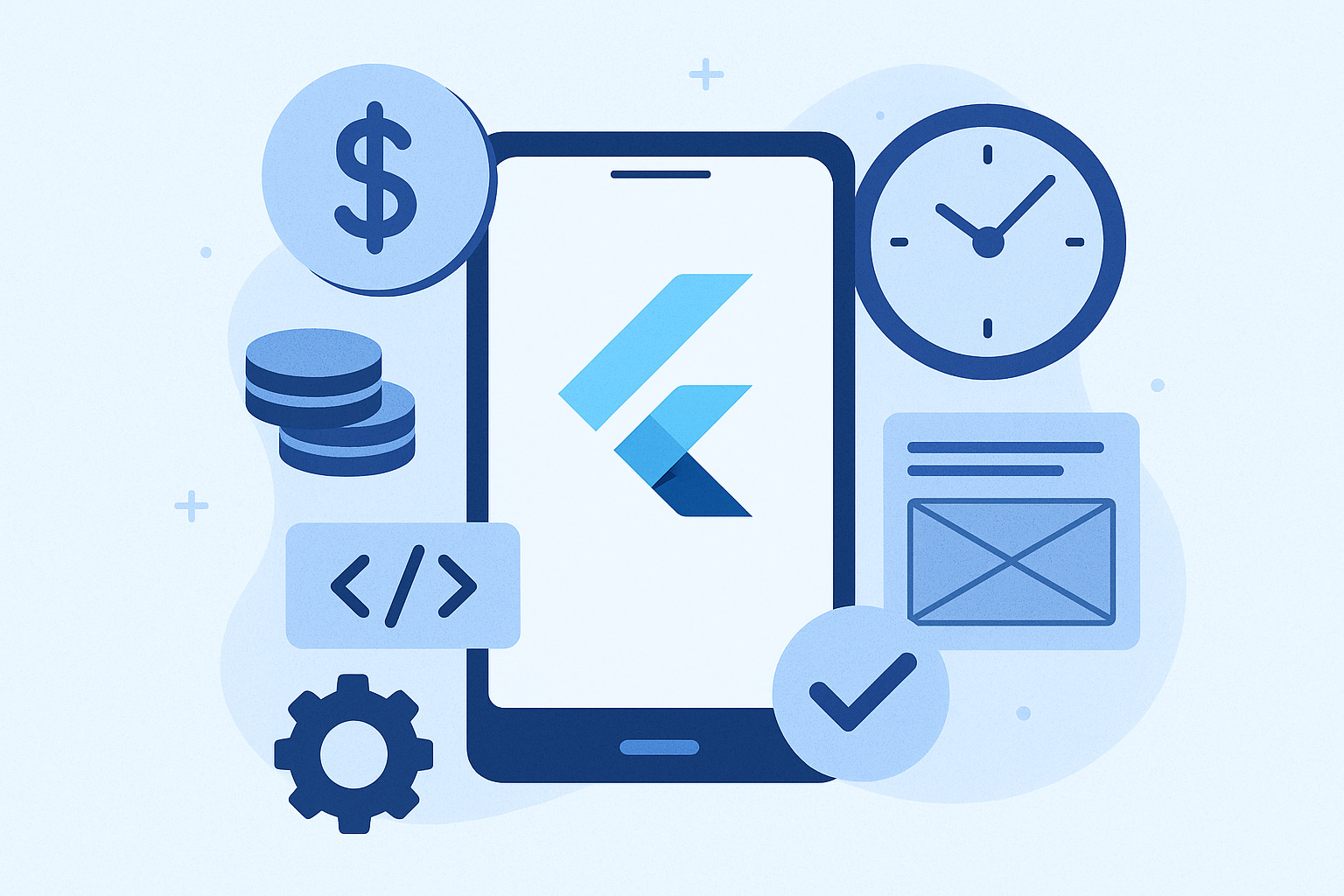 Flutter app development illustration showing time, budget, and quality balance.