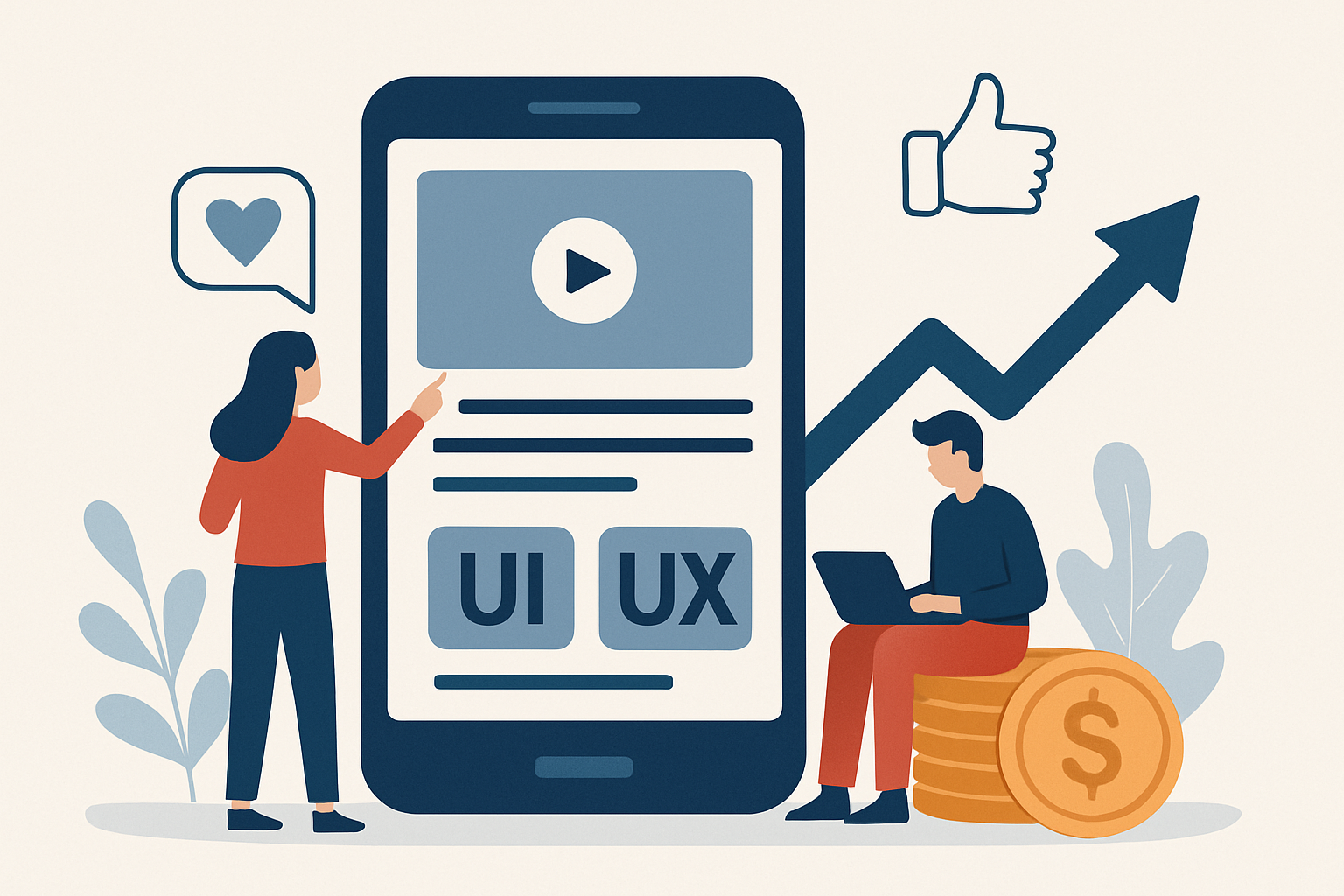 Illustration showing the role of UX/UI design in converting users into paying customers through modern app interface