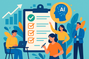 Team analyzing AI readiness checklist with data and machine learning visuals in a modern business environment