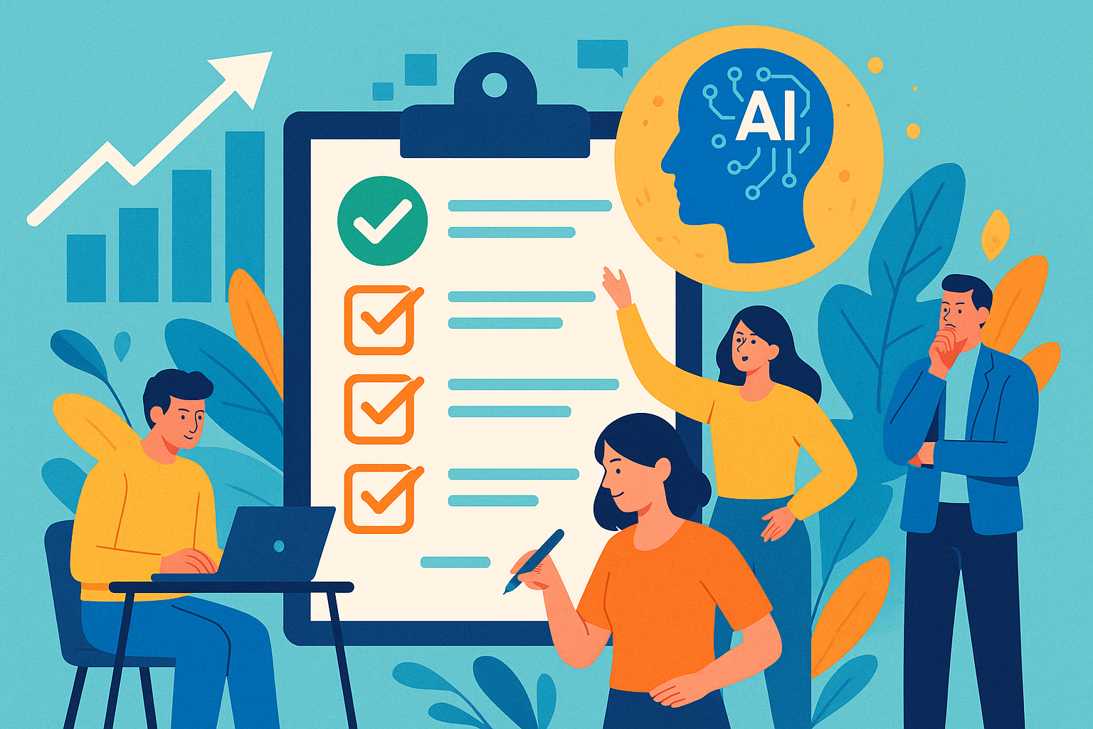 Team analyzing AI readiness checklist with data and machine learning visuals in a modern business environment