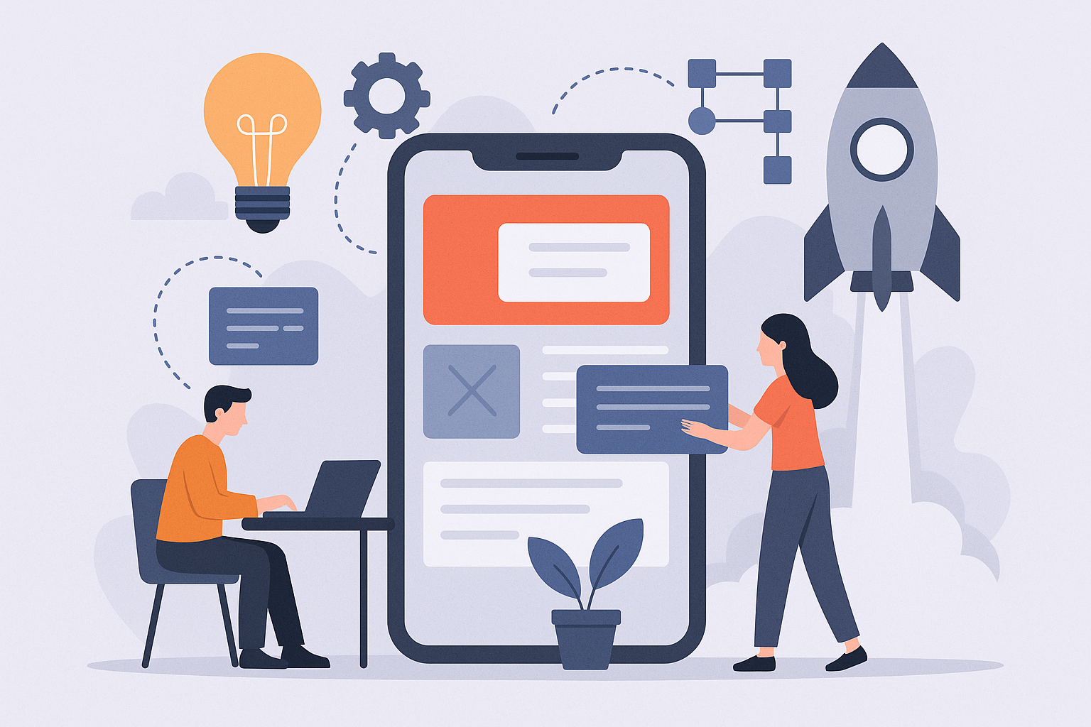 App development process illustration showing concept design, coding, and mobile app launch by Finally Free Productions