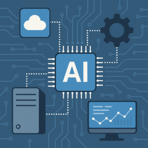 Abstract visual illustration showing AI seamlessly integrating with legacy system components, representing modernization and system connectivity.