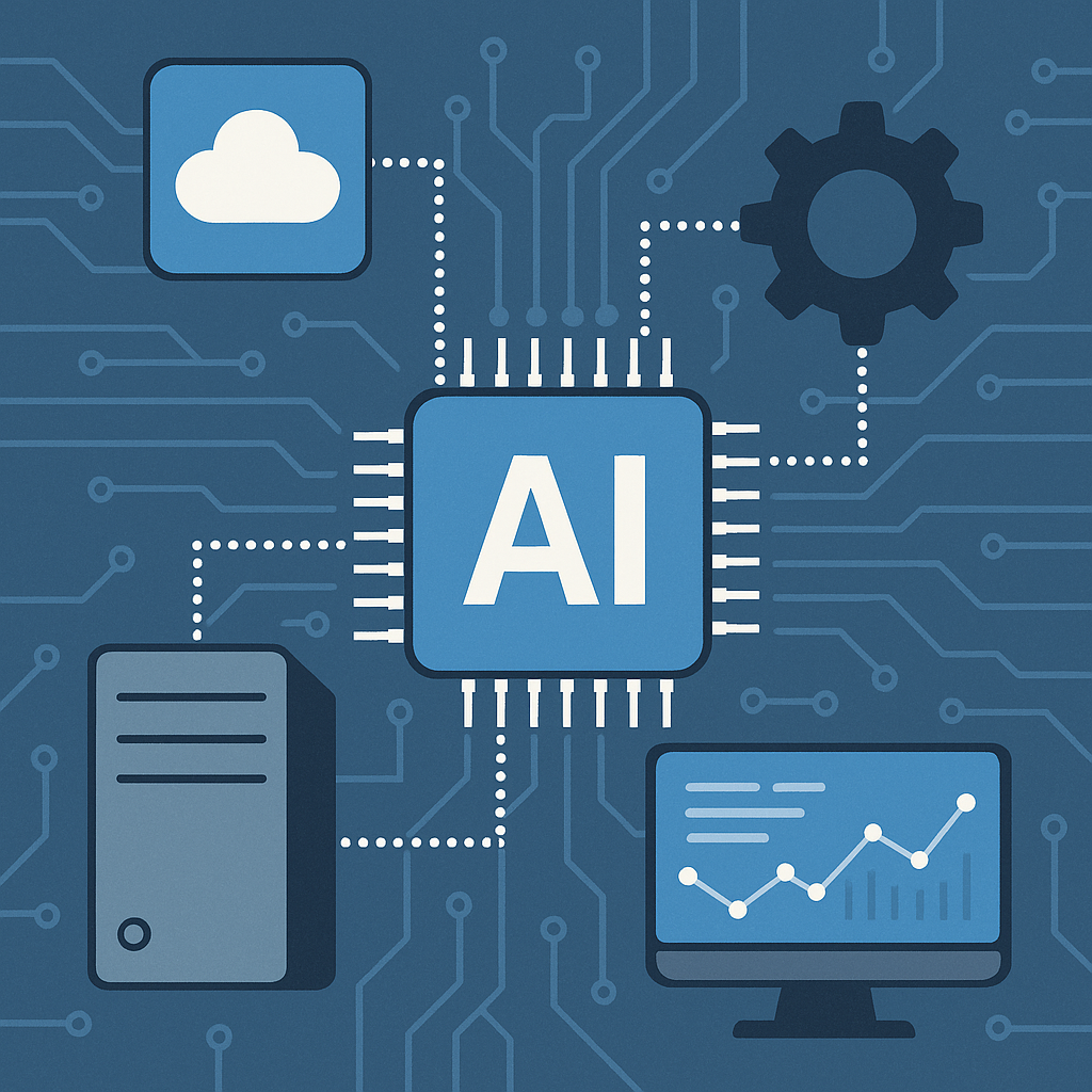 Abstract visual illustration showing AI seamlessly integrating with legacy system components, representing modernization and system connectivity.