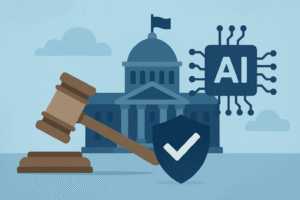 Government building with AI technology and compliance symbols representing AI regulations in the public sector