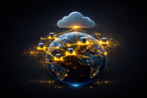 Edge computing network visualization showing global edge servers connected to a cloud with glowing data lines to illustrate improved app performance and low latency.