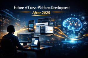 Future-focused cross-platform software development concept showing mobile, tablet, and desktop applications connected through AI-driven tools in a modern digital workspace